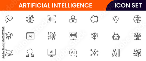 Artificial Intelligencevector line icons featuring algorithms, neural networks, data processing, AI models, training, automation, analytics, coding, and technology concepts.
