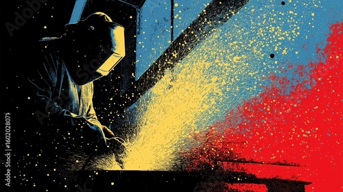 Collage pop art illustration of industrial concept, Welder creating sparks in a vibrant, artistic setting.