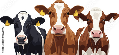 A digital illustration of three cows with ear tags standing close together against a white background