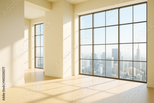Bright contemporary interior of empty modern room with large windows and city skyline background in daylight  showcasing minimalist architecture design.