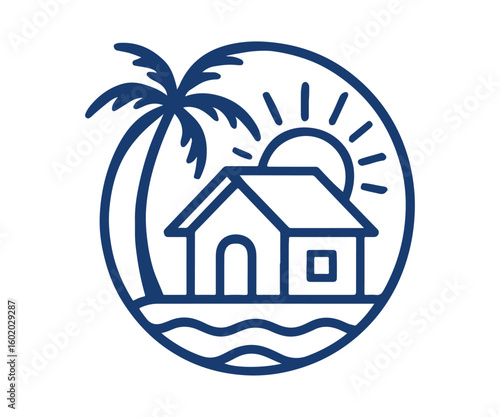 Beach house, palm tree, circular logo, black silhouette, minimalist design	