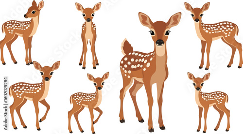 Illustration of seven cartoon deer fawns with brown fur and white spots on a white background art