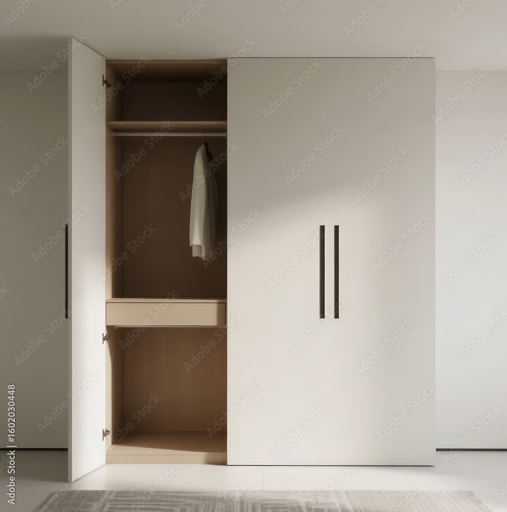 Fototapeta premium Empty white wardrobe in modern room interior with minimalist design