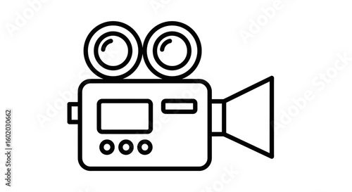 Vector Line Art SVG Icon of Vintage Video Camera with Film Reels in Minimalist Flat Style Black and White