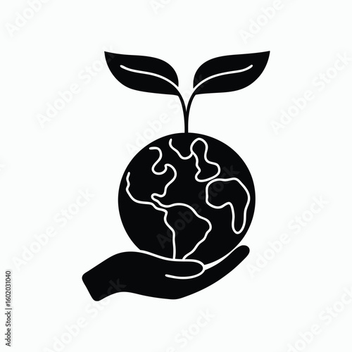 Eco Earth with Plant in Hand Silhouette Concept Vector Illustration