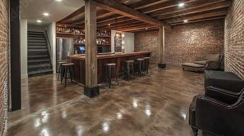 Industrial basement remodel with polished concrete floors, wood and metal bar, and brick walls.