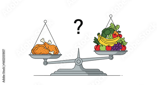 Balancing a healthy diet comparing cooked chicken versus fruits and vegetables