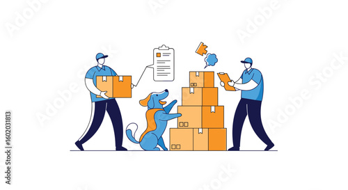 Two workers and a dog organizing cardboard boxes for delivery