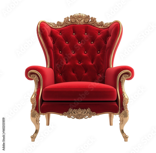 Luxurious red velvet throne chair with ornate gold detailing on transparent background