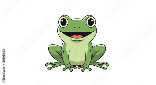 A happy green frog sits smiling with its mouth open wide