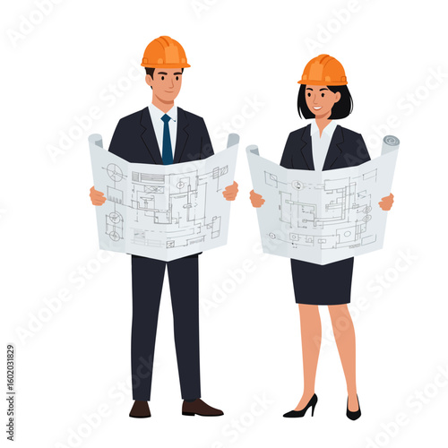 A male and female engineer in hard hats standing and reviewing architectural blueprints, showcasing collaboration and expertise in a professional setting.