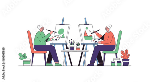 Two elderly women enjoying artistic expression painting together indoors