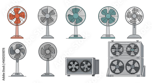Collection of various types of electric air circulating appliances for home cooling