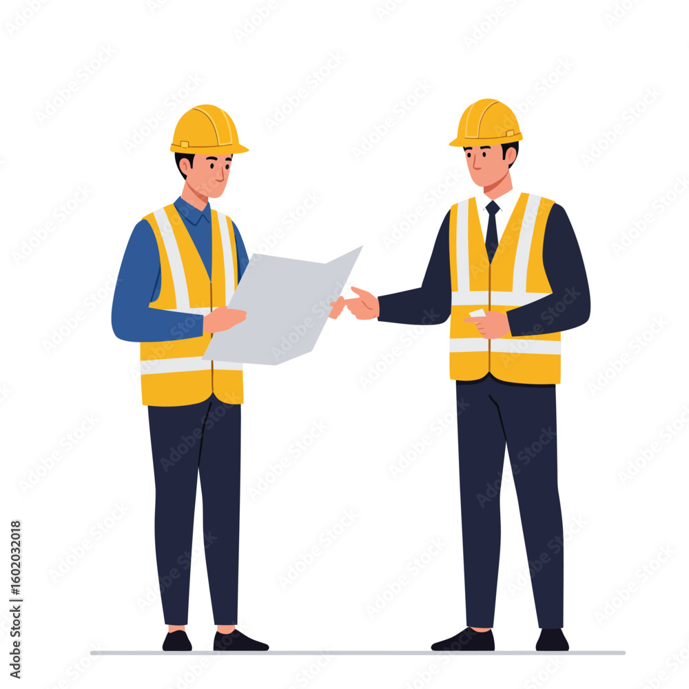 Two male construction workers in safety gear are collaboratively reviewing technical blueprints on a clean white background. Two male construction workers in safety gear are collaboratively reviewing technical blueprints on a clean white background.