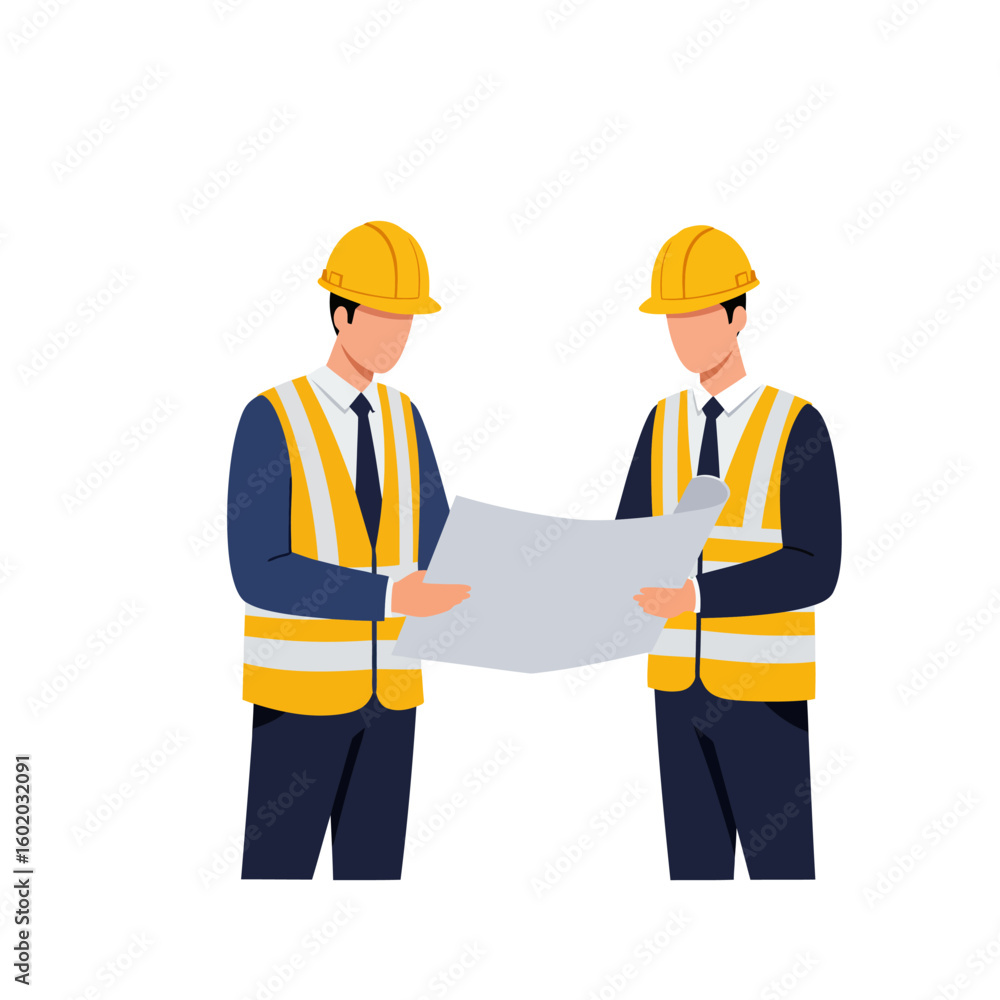 Two professional male engineers wearing hard hats and safety vests are collaboratively reviewing construction blueprints on a white background. Two professional male engineers wearing hard hats and safety vests are collaboratively reviewing construction blueprints on a white background.