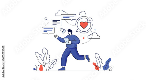 Illustrating a man running with a tablet and digital communication elements