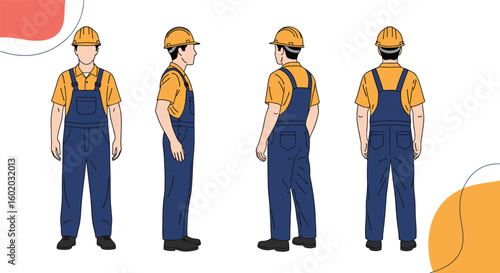 Worker's attire and protective gear shown from multiple angles in an illustration