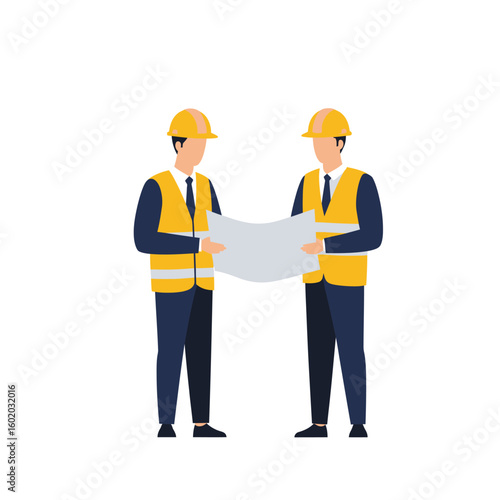 Two construction workers in yellow safety vests and hard hats review a blueprint together, illustrating teamwork and project planning on a white background.