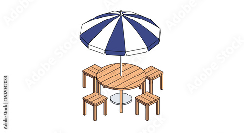 Outdoor picnic dining set with striped patio umbrella and wooden stools