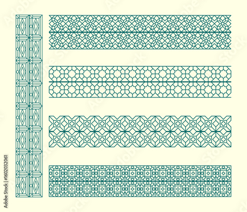 Islamic Geometric Border Pattern Set, Seamless Arabesque Ornament Strips