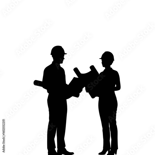 Two architects in silhouette, wearing hard hats, discuss blueprints while standing against a clean white background, symbolizing collaboration.
