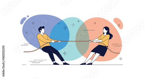 Illustration of a couple engaged in a tug of war contest symbolizing relationship struggles