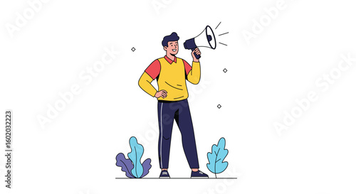 Man holding a megaphone announcing something important with plants around him and white background