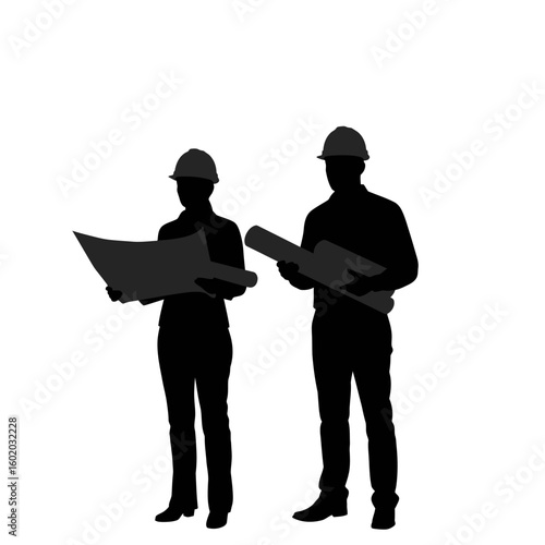 Silhouettes of a male and female architect or engineer reviewing blueprints, symbolizing professional collaboration in construction or design.