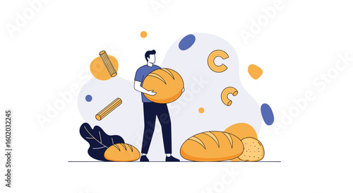 Man holding large round bread surrounded by baked goods and abstract shapes