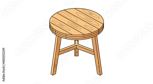 A rustic wooden three legged stool with a round seat and natural wood finish