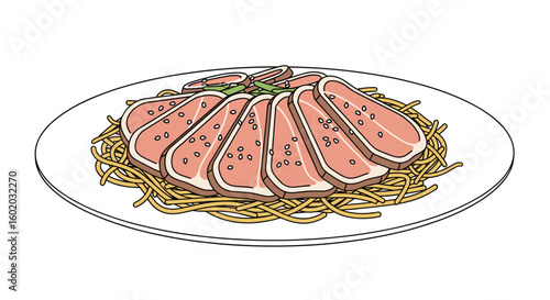 Delicious sliced meat topped noodles plate presentation with fresh greens and seasoning