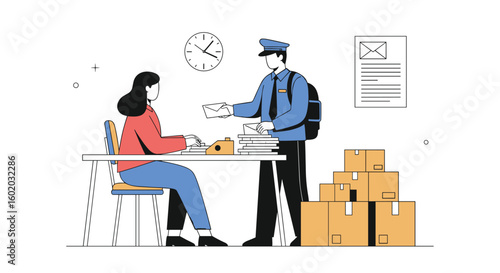 Postal worker delivers mail to a woman working at a desk with a typewriter and many boxes