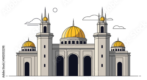 Architectural marvel featuring grand mosque with golden domes and tall minarets