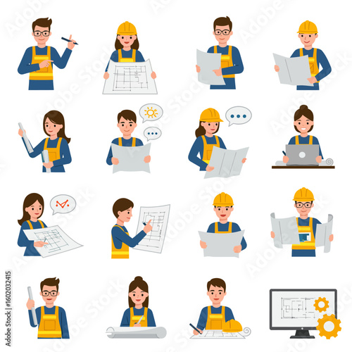 A collection of diverse cartoon illustrations featuring male and female engineers and architects engaged in various professional tasks like planning and designing.