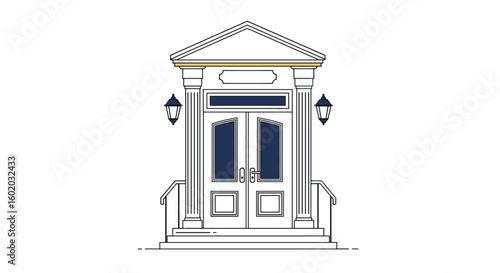 Classic georgian style architectural entrance with double doors and lanterns on a white background