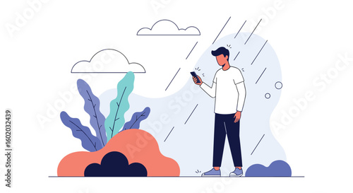Man checks phone while standing under shelter during rainfall outdoors