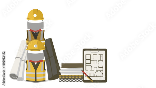 Illustration of two construction workers installing pipes on a building site with scaffolding