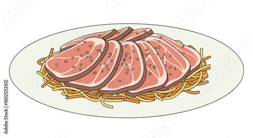 Thinly sliced roasted meat served on a bed of spaghetti noodles with black pepper sprinkled on top