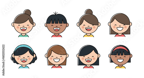Diverse children group smiling happy cartoon faces representing childhood innocence and friendship