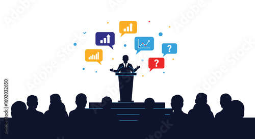 Professional speaker engages audience with data visualizations and questions during presentation event