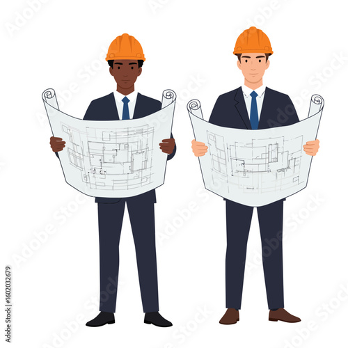 Two diverse architects in professional attire, wearing orange hard hats, intently reviewing building blueprints, showcasing teamwork and collaboration on a white background.