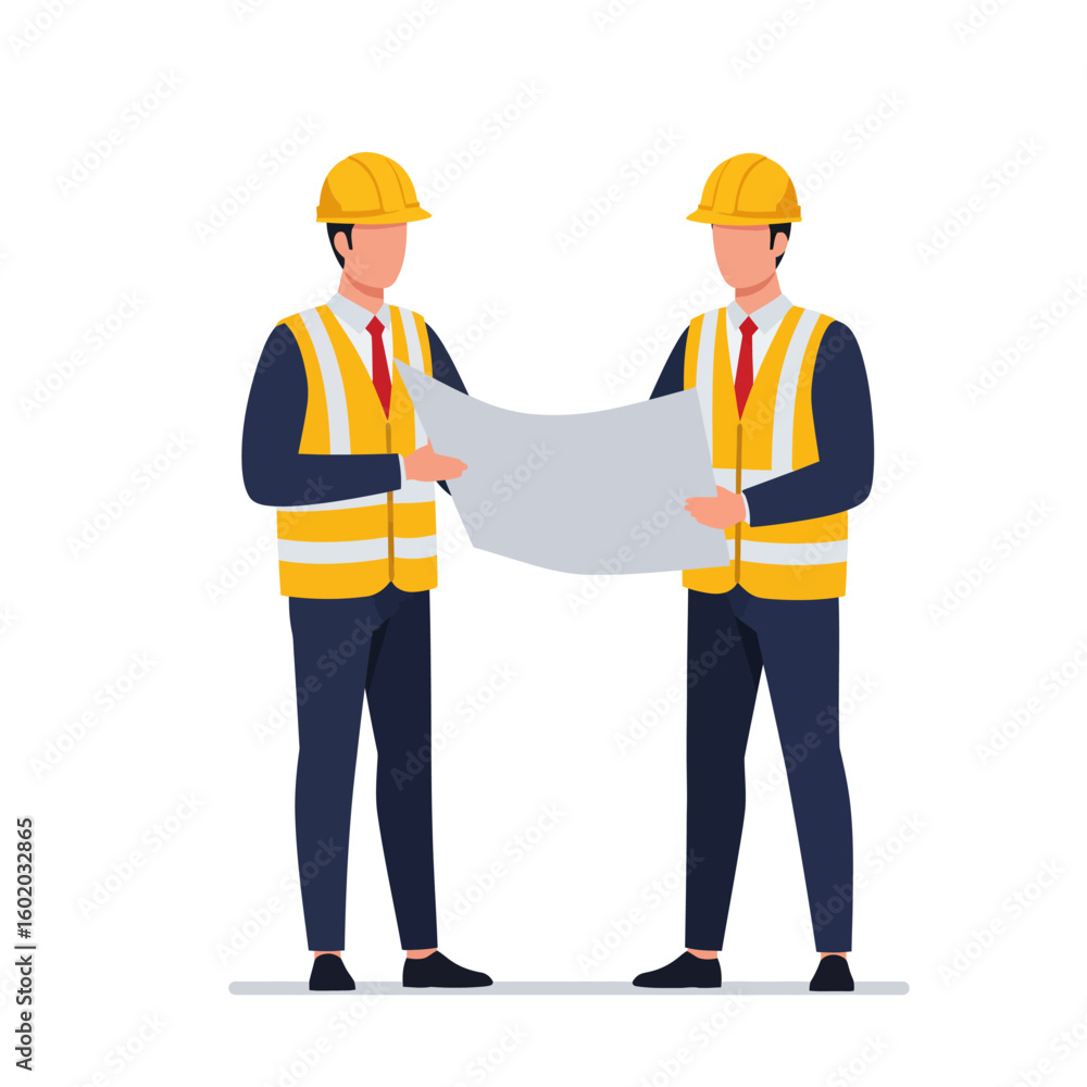 Two construction workers in hard hats and safety vests collaborate while reviewing blueprints on a white background. Two construction workers in hard hats and safety vests collaborate while reviewing blueprints on a white background.