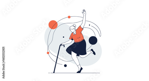 Elderly woman joyfully dancing around her walking stick