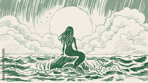 A sketch of a mermaid sitting on a rock in the ocean with clouds and rain in the background on a sunny day silhouette