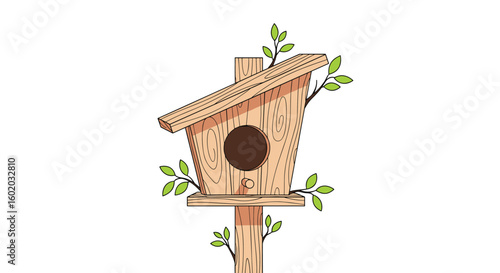 Wooden birdhouse mounted on a pole with green leaves and branches
