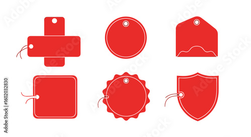 Collection of six distinctive red tags and labels for various purposes and designs