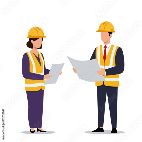 Two construction workers in hard hats and safety vests review blueprints, discussing plans for a building project.