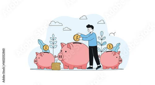 Man deposit coins into piggy banks illustration financial growth saving money concept