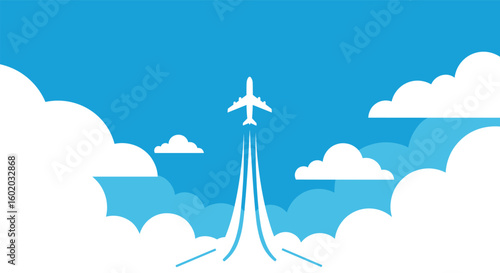 An airplane climbs into the sky through fluffy clouds on a bright sunny day