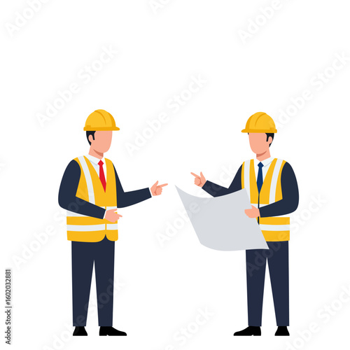 Two construction workers in safety vests and helmets discuss blueprints, planning a project, against a clean, white background, representing teamwork and engineering.